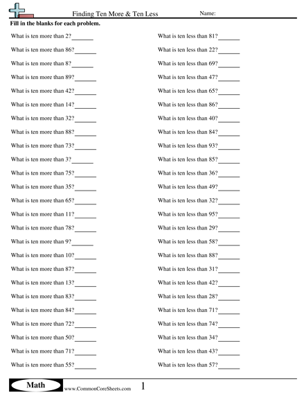 Addition Worksheets - Finding Ten More and Ten Less worksheet